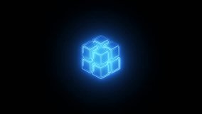 Abstract glowing neon blue cube made of smaller cubes on a dark black background geometric shape - Powered by Shutterstock - Get 15% off with code: PIKWIZARD15