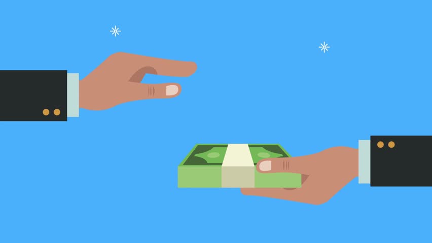 Hands Exchanging Stack of Money on Blue Background cash