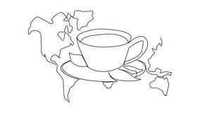 Animation of continuous one line drawing tea cup with saucer and some tea leaves and world map background. Aroma. Taste. International Tea Day. Single line self drawing animated. Full length motion - Powered by Shutterstock - Get 15% off with code: PIKWIZARD15