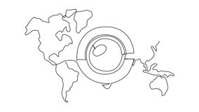 Self drawing animation of single continuous line drawing top view, tea cup with saucer against world map background. Restaurant specifically for tea lovers. International Tea Day. Full length animated - Powered by Shutterstock - Get 15% off with code: PIKWIZARD15