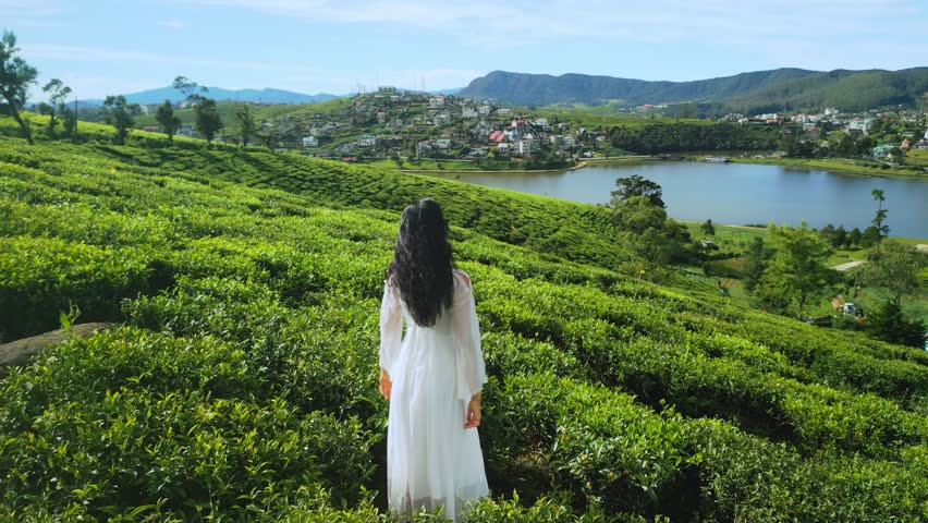 Cinematic drone footage of an Asian woman in white strolling through tea terraces with Lake Gregory and distant hills in view. Ideal for travel ads, wellness, and lifestyle visuals.
