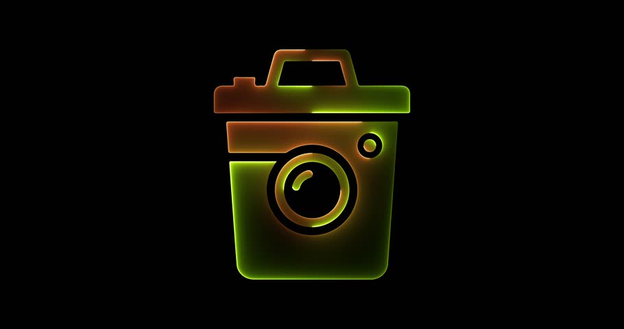 A neon outline of a camera icon with a gradient fill from green to orange against a black background.