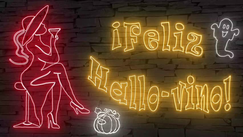 ¡Feliz Hallo-vino! (Spanish Happy Halloween) + silhouette of woman ghost pumpkin illuminated 3d illustration retro neon signs, so sweet and cute 10s 4k video art, cute Halloween wishes 