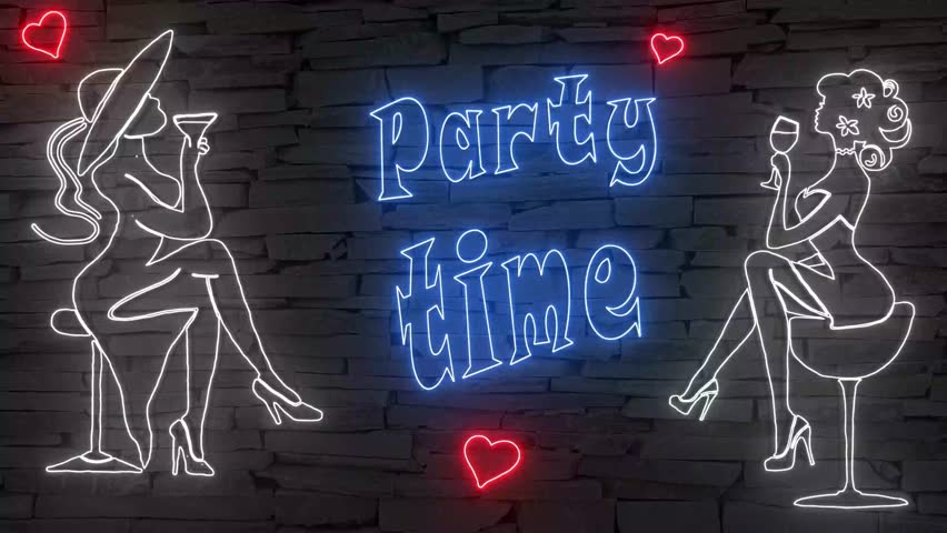 Party time + silhouette of stylish women drinking wine illuminated 3d illustration retro neon signs, so sweet and cute 10s 4k video art, cute Halloween wishes in blue red white, red glowing hearts