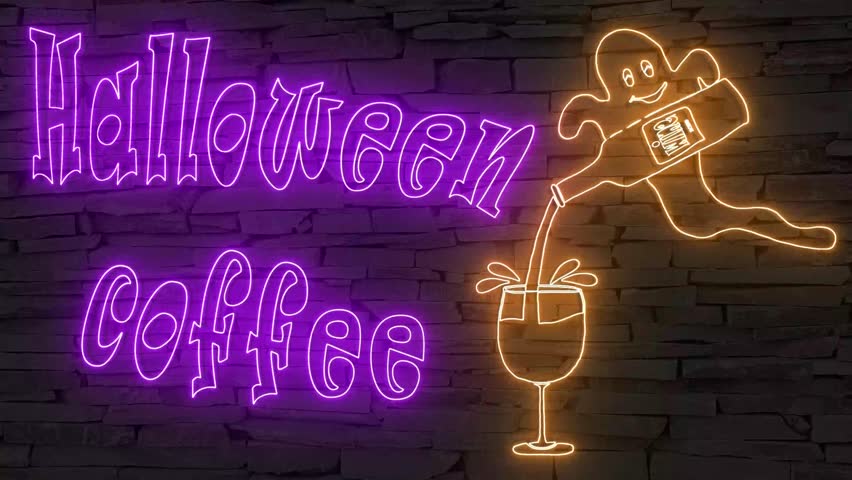 Halloween coffee + silhouette of ghost pouring wine illuminated 3d illustration retro neon signs, so sweet and cute 10s 4k video art, funny and cute Halloween wishes, Halloween flirting!