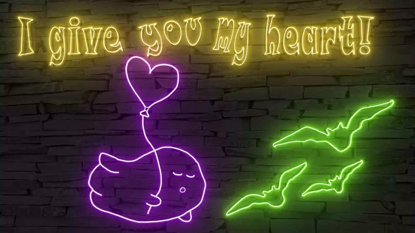 I give you my heart + silhouette of happy ghost with heart balloon illuminated 3d illustration retro neon signs, so sweet and cute 10s 4k video art, cute Halloween wishes in orange green and purple