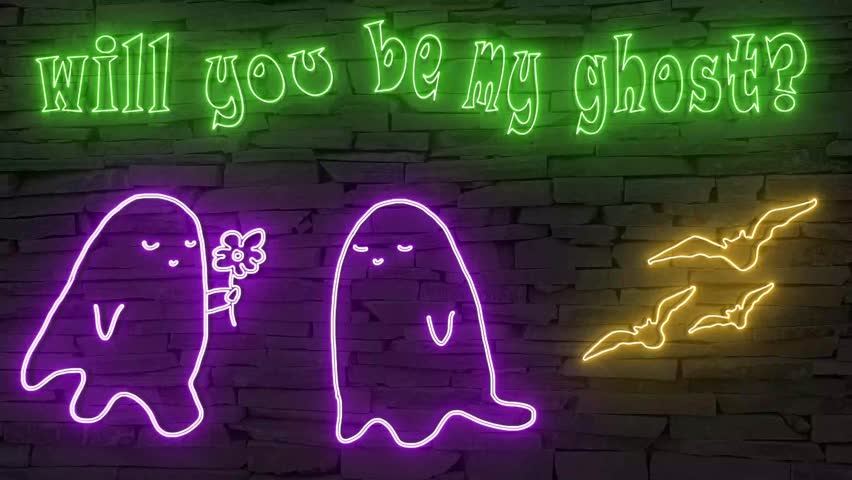 Will you be my ghost? + silhouette of ghost with flowers illuminated 3d illustration retro neon signs, so sweet and cute 10s 4k video art, cute Halloween wishes in orange green and purple