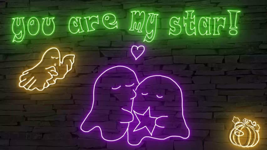 You are my star + silhouette of pumpkin + happy ghosts illuminated 3d illustration retro neon signs, so sweet and cute 10s 4k video art, cute Halloween wishes in orange green and purple!