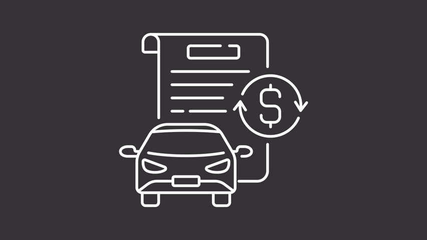 Animated car title loan white line icon. Using vehicle as collateral animation. Pawnshop service. Auto selling contract. Financial aid. Isolated element on dark background. Alpha transparent video