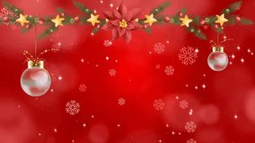 This animated Christmas background features a red field with falling snowflakes, a top garland of pine branches and poinsettias, and two hanging clear ornaments. - Powered by Shutterstock - Get 15% off with code: PIKWIZARD15