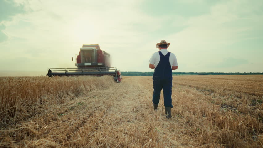 Organic farming and crop picking in farm land, farming and harvesting machine. Agriculture and agronomy, rural lifestyle, happy countryman enjoying simple life in countryside, agribusiness concept