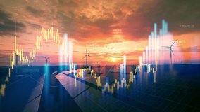 Solar panels and wind turbines blend with digital stock charts, symbolizing growth, investment, and the future of sustainable energy markets.Renewable energy meets finance innovation. - Powered by Shutterstock - Get 15% off with code: PIKWIZARD15