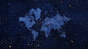 Digital world network concept with a stylized blue map of the world interconnected by glowing white and gold electronic circuit board lines on a dark blue background - Powered by Shutterstock - Get 15% off with code: PIKWIZARD15