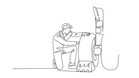 Animated self drawing of continuous one line drawing aircraft technician checking the wheels of aircraft. Rechecking the landing. Aviation Maintenance Technician Day. Full length single line animation - Powered by Shutterstock - Get 15% off with code: PIKWIZARD15