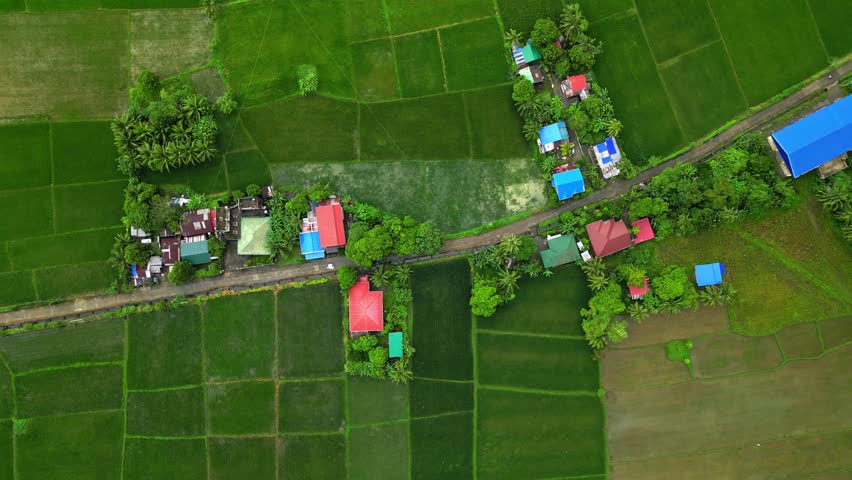 High-altitude drone shot reveals a rural Philippine village with geometric fields, bright rooftops, and forested edges.
