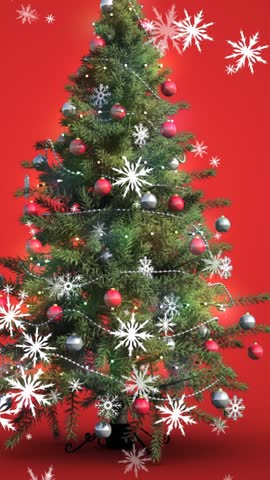 Animation of snowflakes icons falling over decorated christmas tree against red background. Christmas festivity and celebration concept
