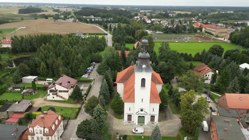 The Parish of St. James the Apostle in Lubichowo, Poland. 4k, high-quality drone footage. 