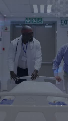 Animation of medical icons over diverse doctors. Global medicine, healthcare and digital interface concept digitally generated video