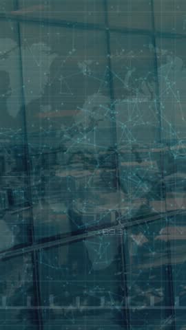 Animation of fingerprint scanning in circle, green graph over map against aerial view of city. Digital composite, multiple exposure, biometric, global, report, finance, security and technology.