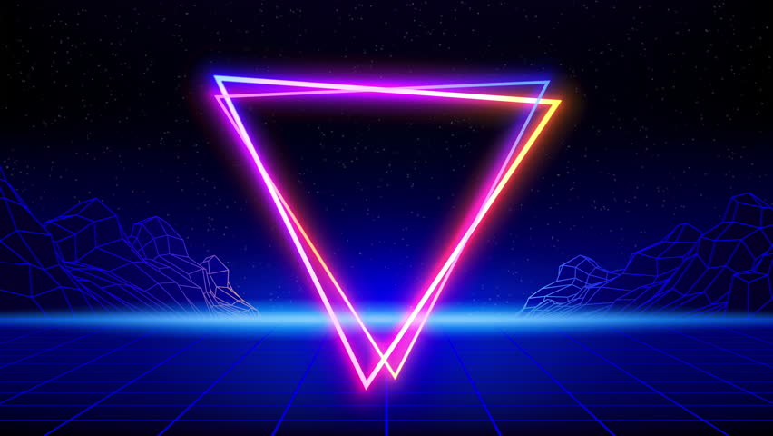 Retro futuristic abstract animated background. Synthwave 80s style video. Neon triangle, laser grid floor, wireframe mountain. 3d digital backdrop, music template. Starry sky background. Seamless loop - Powered by Shutterstock - Get 15% off with code: PIKWIZARD15