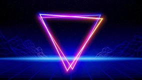Retro futuristic abstract animated background. Synthwave 80s style video. Neon triangle, laser grid floor, wireframe mountain. 3d digital backdrop, music template. Starry sky background. Seamless loop - Powered by Shutterstock - Get 15% off with code: PIKWIZARD15
