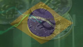 Bitcoin, Transaction data on the Brazil flag background. Bitcoin investment and trading by individuals and organizations in the Brazil and around the world. Cryptocurrency trading. Bitcoin background - Powered by Shutterstock - Get 15% off with code: PIKWIZARD15