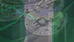 Bitcoin, Transaction data on the Nigeria flag background. Represents investment, purchase, sale, and trading of Bitcoin, cryptocurrency by individuals and organizations in Nigeria and around the world - Powered by Shutterstock - Get 15% off with code: PIKWIZARD15