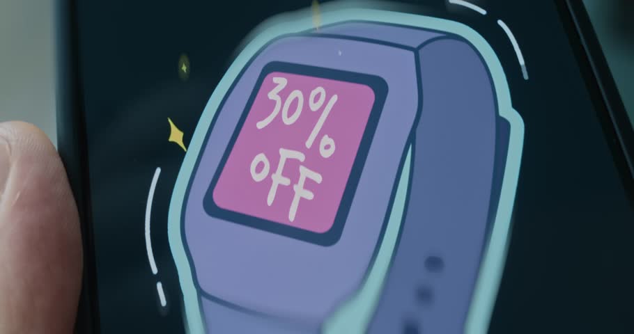 30 percent off lettering on hand watch, sale promotion, presentation