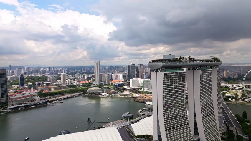 Aerial view of the iconic Marina Bay Sands hotel, with its distinctive skypark, set against the backdrop of Singapore