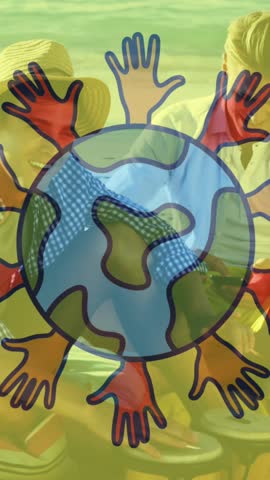 Animation of globe with hands logo colorful puzzle pieces over happy playing children. autism, learning difficulties, support and awareness concept digitally generated video.