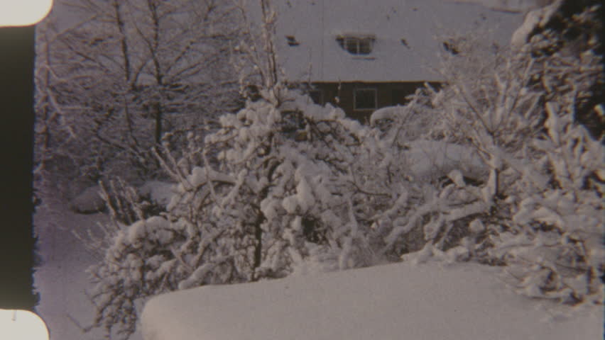 A serene snowy winter landscape captured on 8mm film, featuring snow-covered trees and bushes, with a house in the background.