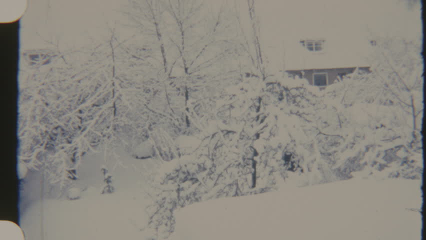 A serene snowy winter landscape with trees and house covered in snow, captured on 8mm film during daytime.