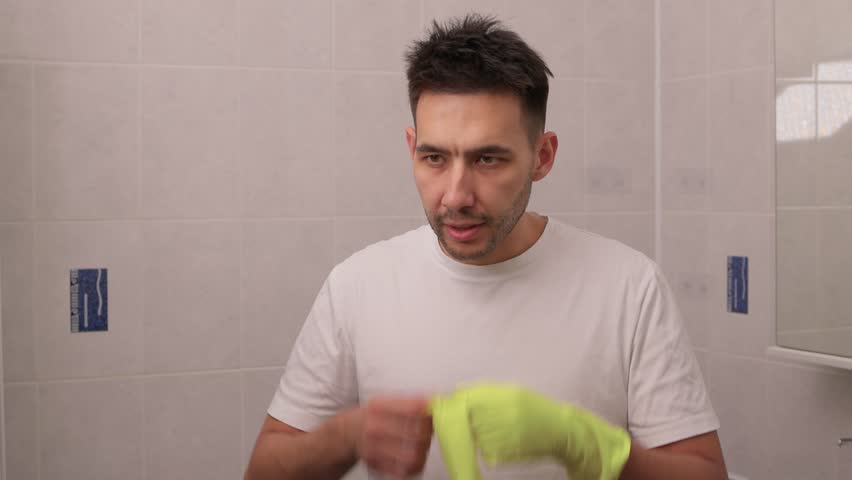 User is preparing for a thorough cleaning while wearing protective gloves for safety