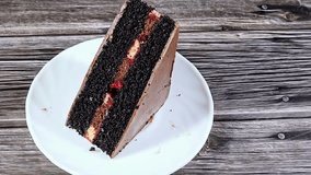 a slice of a chocolate cake, made with chocolate or cocoa and can be flavored with fudge or vanilla cream, a cake with multiple layers with a filling and topped with chocolate ganache - Powered by Shutterstock - Get 15% off with code: PIKWIZARD15