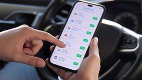 A car shoppers hands actively scroll through diverse automobile listings on a smartphone, exploring different categories including minivans, electric vehicles, and other types.  - Powered by Shutterstock - Get 15% off with code: PIKWIZARD15