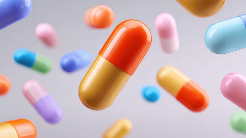 Bright colorful pills flying float at white background. Tablets, pharmaceutical drug store. Health care concept. Medicine, healthcare, pharmacy. Medicines close-up at drugstore. Capsules closeup.