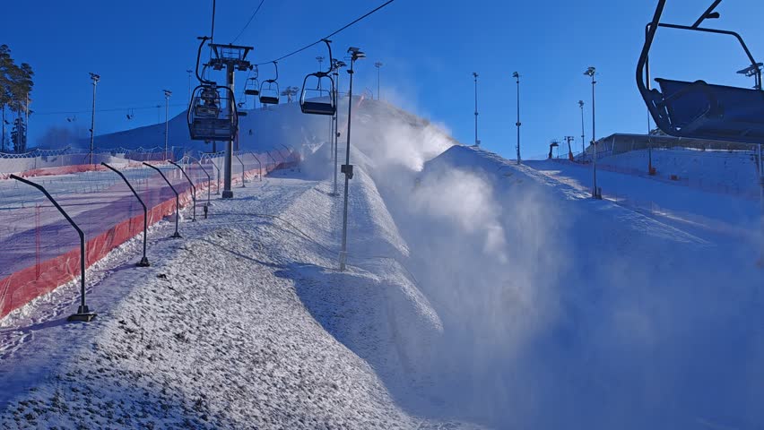 There are chairlifts on the slopes of the ski center. Skiers climb them. Mesh fences are installed for safety. Skiers are riding down the slope. The snow cannons is working. Sunny winter weather