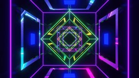 A neon tunnel of nested squares and diamond shapes glows with vibrant colors like green, yellow, purple, and pink in a futuristic design - Powered by Shutterstock - Get 15% off with code: PIKWIZARD15