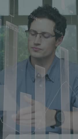 Animation of data processing over caucasian businessman at office. Global business, computing and digital interface concept digitally generated video.