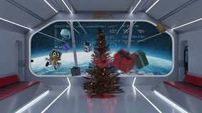A vibrant Christmas-themed 3D animation featuring a futuristic spaceship orbiting Earth, with a stunning planetary view. Colorful gift boxes drift gracefully in space, crafted with smooth animations a - Powered by Shutterstock - Get 15% off with code: PIKWIZARD15