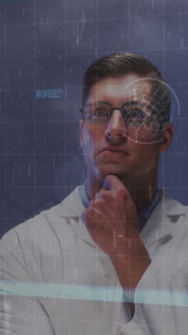 Animation of graphical interface with moving coding and charts over thoughtful caucasian doctor. Digital composite, multiple exposure, hospital, programming data, report, medical and healthcare.