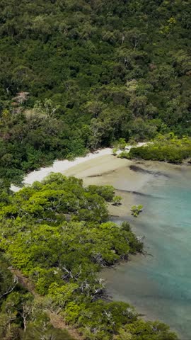 Aerial Drone View of Tropical Queensland Beach, Ocean Waves, Island Coastline and Shoreline - Scenic Coastal Landscape, Clear Blue Water, Australia
