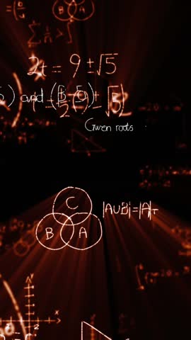 Animation of digital screen with data and math formulas on black background. Science, math, knowledge and education concept digitally generated video.