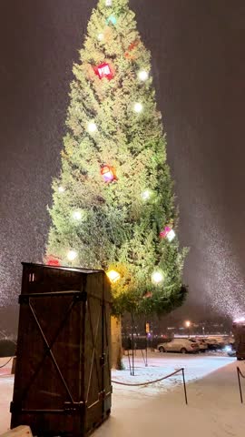 A huge Christmas tree in the snowstorm at night in Old Town Stockholm, Sweden. Heavy snowfall in the capital city of Sweden. The tree is decorated with big light boxes.