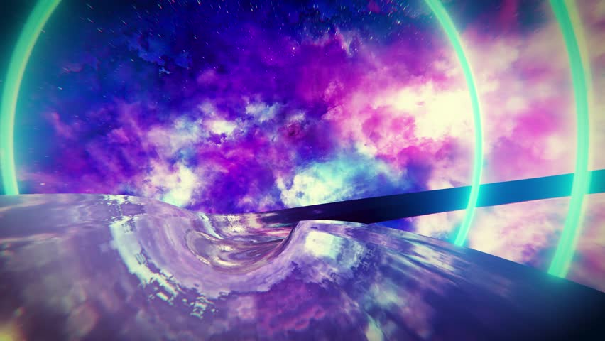 Retro future POV roller coaster slide with neons in galaxy, starry sky.