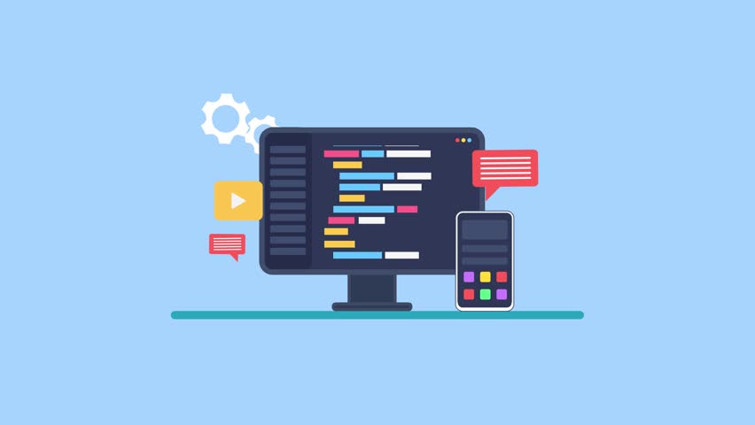 4K Software Application Development Animation Concept with Coding and Mobile App Interface Design