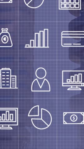 Animation of financial icons over world map and buildings. Business, finance, economy and technology concept digitally generated video.