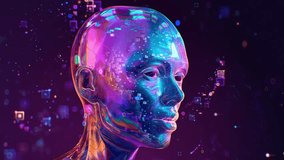 Futuristic digital human face with pixel blocks on violet and blue gradient background. Concept of technology and artificial intelligence visualization or big data and cyber security. 3d animation - Powered by Shutterstock - Get 15% off with code: PIKWIZARD15
