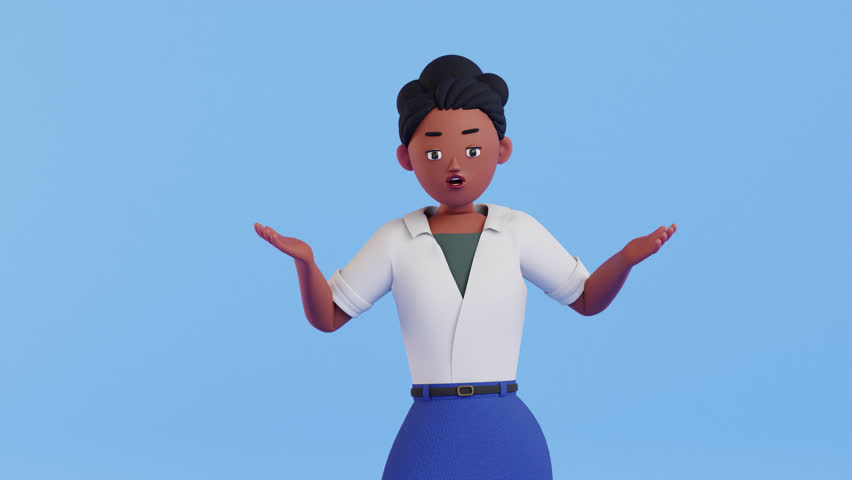 Animated character of a surprised woman with a shocked expression, crossing her arms on her chest, looking angry and emotional. Cartoon style motion desing, 3d render, expressive female reaction