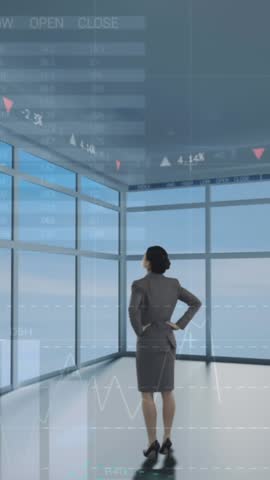 Animation of world map, icons and data processing over back view of woman standing in office. Computers, programming, data processing and technology concept digitally generated video.